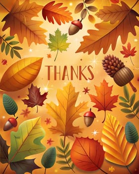 Thanks postcard. Thanksgiving day poster. Festive background with fall foliage and acorns. Vertical holiday poster. Ai generation image