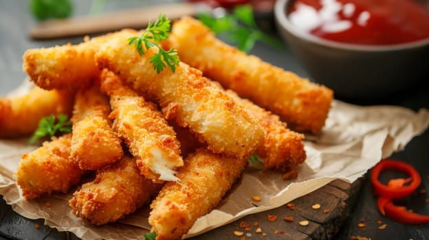 Breaded cheese sticks on the table. Selective focus. Generative AI, food