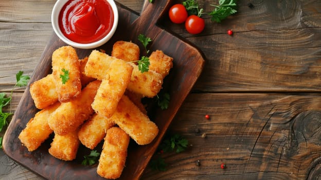 Breaded cheese sticks on the table. Selective focus. Generative AI, food