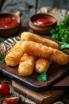 Breaded cheese sticks on the table. Selective focus. Generative AI, food