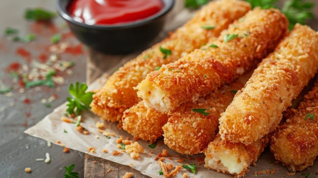 Breaded cheese sticks on the table. Selective focus. Generative AI, food