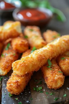 Breaded cheese sticks on the table. Selective focus. Generative AI, food