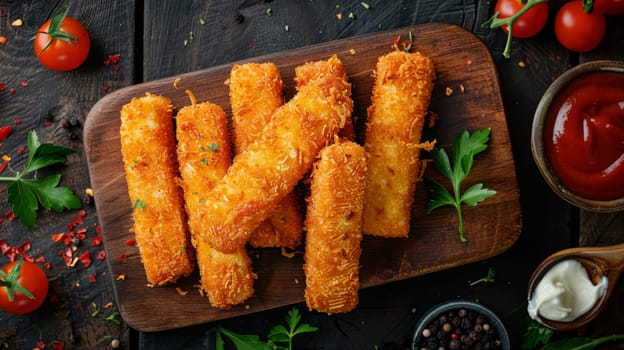 Breaded cheese sticks on the table. Selective focus. Generative AI, food