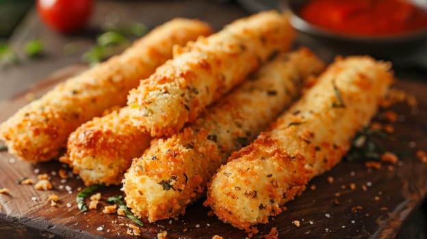 Breaded cheese sticks on the table. Selective focus. Generative AI, food