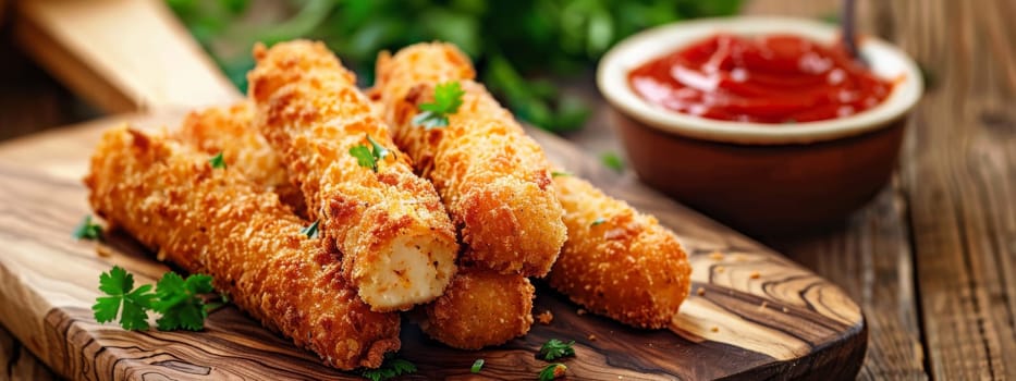 Breaded cheese sticks on the table. Selective focus. Generative AI, food