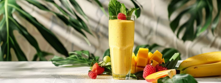 Colorful healthy smoothies and juices with fresh tropical fruits, Generative AI, drink