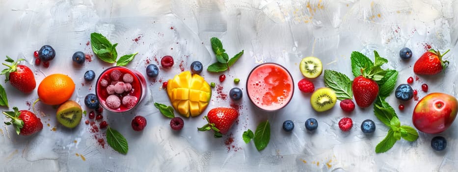 Colorful healthy smoothies and juices with fresh tropical fruits, Generative AI, drink