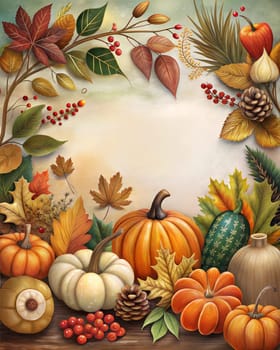 Happy Thanksgiving day card or poster with copy space, autumn leaves, pumpkins and harvest. Ai generated image