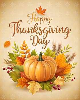 Happy Thanksgiving card or poster with autumn leaves and pumpkin. Ai generated image
