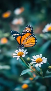 A regal monarch butterfly with distinctive orange and black wings rests gracefully on a pristine white daisy flower, embodying the delicate balance of nature.