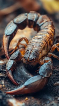 Macro shot of a desert scorpion with its curved tail and powerful claws, showcasing the intricate details of its exoskeleton and segmented body on sandy terrain.
