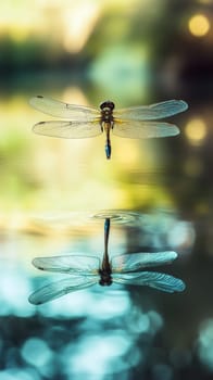 Ethereal scene of a dragonfly in flight above a calm pond surface, its perfect reflection visible in the water amidst a dreamy, bokeh filled background.