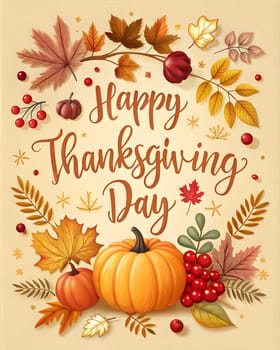 Happy Thanksgiving day card or poster with heart, autumn leaves, pumpkins and lettering Thanks. Ai generated image