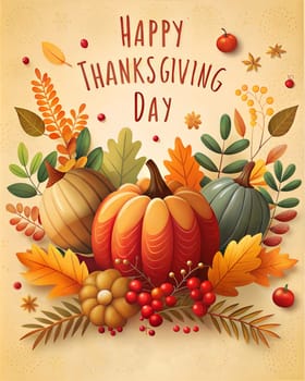 Happy Thanksgiving card or poster with autumn leaves and pumpkins. Ai generated image