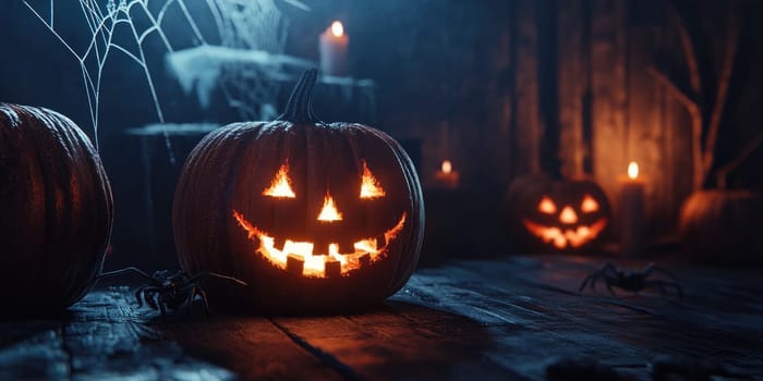 Mysterious halloween night with glowing carved pumpkins and spooky atmosphere.