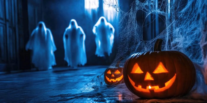 Spooky halloween scene with ghostly figures and glowing jack o lanterns.