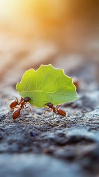 Two red leaf cutter ants working together to carry a large green leaf across a textured surface, demonstrating teamwork and strength in the insect world.