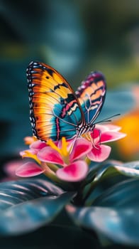 A colorful butterfly with orange and blue wings perches delicately on a pink tropical flower, showcasing nature's intricate beauty and vibrant colors.