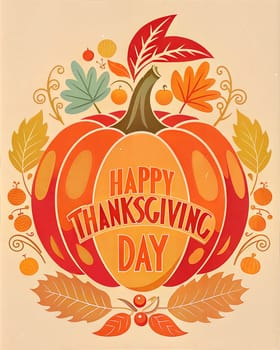 Happy Thanksgiving card or poster with autumn leaves and pumpkin. Ai generated image