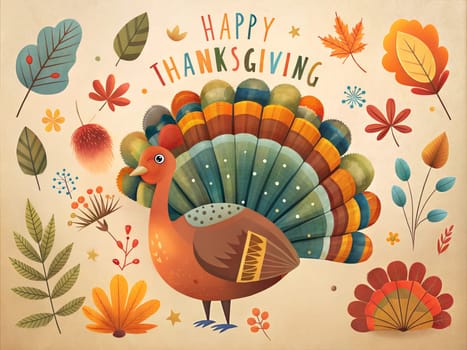 Happy Thanksgiving Day Illustration with Turkey Bird, Pumpkins and Leaves Flat Cartoon Illustration for poster or card. Ai generated