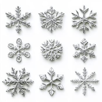 Unique snowflakes in stylish silver metallic design, on white background. New Year decorations