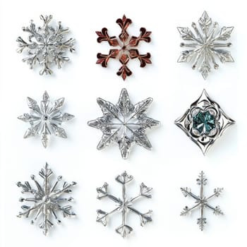 Unique snowflakes in stylish silver metallic design, on white background. New Year decorations