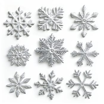 Unique snowflakes in stylish silver metallic design, on white background. New Year decorations