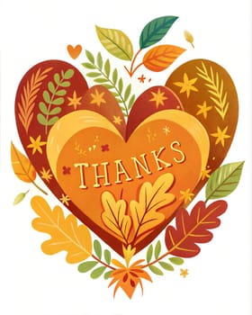 Happy Thanksgiving day card or poster with autumn leaves and hearts. Thanks card. Ai generated image