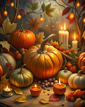 Thanksgiving and Autumn decoration concept made from autumn leaves, candles and pumpkin on dark background. Ai generated Illustration