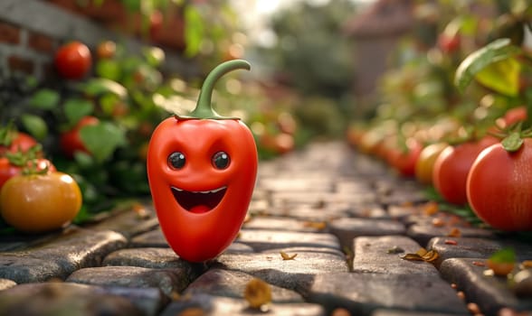 A cartoon red pepper laughs against a blurred background of a vegetable garden. Selective focus.