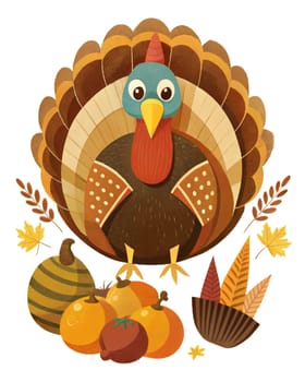 Happy Thanksgiving Day Illustration with Turkey Bird, Pumpkins and Leaves isolated on white background. Flat Cartoon Illustration for poster or card. Ai generated