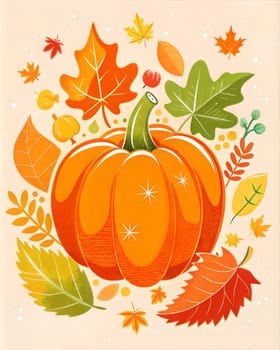 Happy Thanksgiving card or poster with autumn leaves and pumpkin. Ai generated image