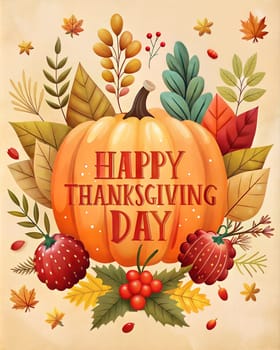Happy Thanksgiving card or poster with autumn leaves and pumpkin. Ai generated image