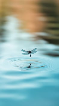 Elegant blue dragonfly skimming the surface of serene turquoise water, creating gentle ripples against a soft focus background.