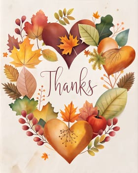 Happy Thanksgiving day card or poster with heart, autumn leaves and lettering Thanks. Ai generated image