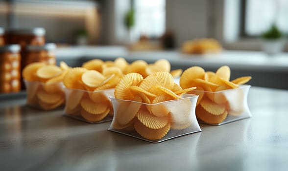 Potato chips in a cup on a blurred background. Selective focus.
