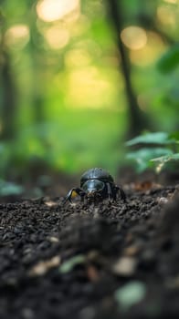 A black dung beetle crawls on soil amid lush forest greenery, with soft bokeh lights in the background creating a magical atmosphere.