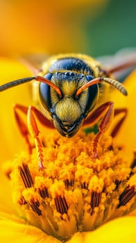 Detailed macro shot of a wasp's face, revealing its compound eyes, antennae, and intricate features against a vibrant yellow and green background.