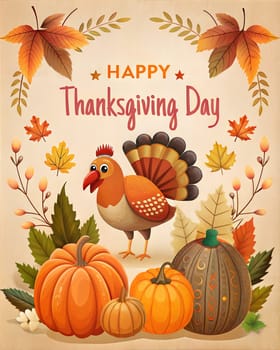 Happy Thanksgiving Day Illustration with Turkey Bird, Pumpkins and Leaves Flat Cartoon Illustration for poster or card. Ai generated