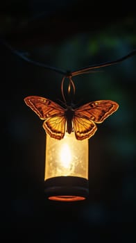 A stunning butterfly with golden wings perched on a glowing lantern, creating a magical ambiance against a dark background.