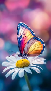 Close up of a colorful butterfly with blue, orange, and yellow wings perched on a white daisy, set against a dreamy purple background.