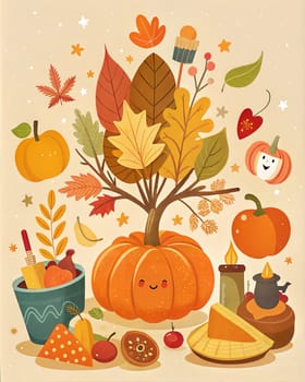 Happy Thanksgiving day or Happy Autumn card or poster with autumn leaves, pumpkins, meal and harvest. Happy fall. Ai generated image