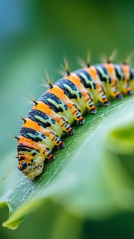 Vibrant caterpillar with striking orange, black, and yellow stripes crawling on a fresh green leaf, displaying nature's warning colors and intricate patterns.