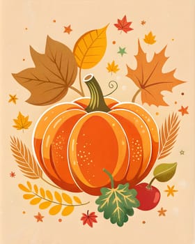 Happy Thanksgiving card or poster with autumn leaves and pumpkin. Ai generated image