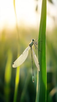 A delicate damselfly resting on a blade of grass, backlit by the soft golden light of sunrise, creating a serene and ethereal natural scene.