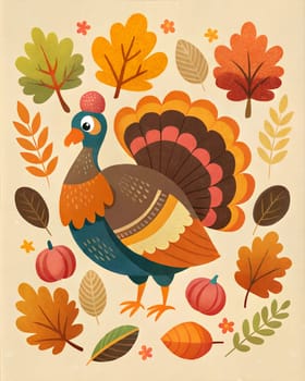 Happy Thanksgiving Day Illustration with Turkey Bird, Pumpkins and Leaves Flat Cartoon Illustration for poster or card. Ai generated