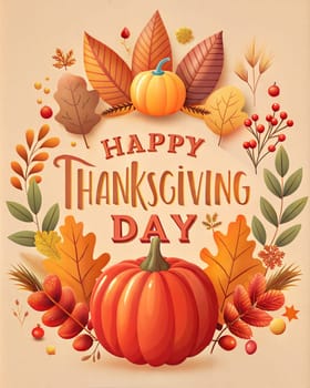 Happy Thanksgiving day card or poster with heart, autumn leaves, pumpkins and lettering Thanks. Ai generated image