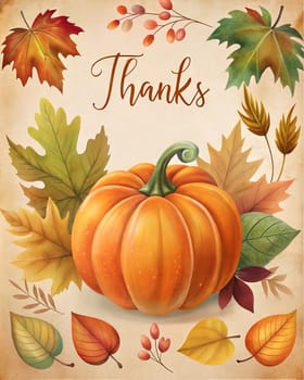 Happy Thanksgiving day card or poster with autumn leaves, pumpkin and lettering Thanks. Ai generated image