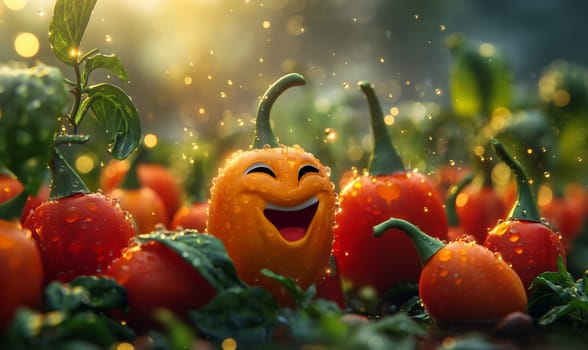 A cartoon red pepper laughs against a blurred background of a vegetable garden. Selective focus.