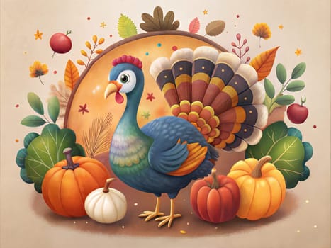 Happy Thanksgiving Day Illustration with Turkey Bird, Pumpkins and Leaves Flat Cartoon Illustration for poster or card. Ai generated